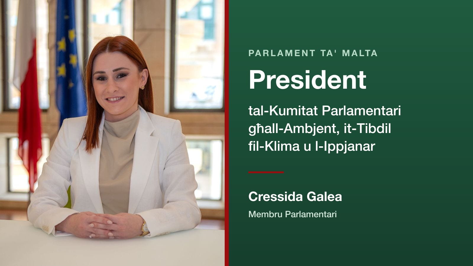 Cressida Galea, President tal-Kumitat Parlamentari għall-Ambjent, it-Tibdil fil-Klima u l-Ippjanar